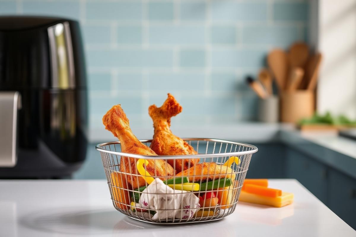 Crispy air fried chicken and vegetables in a basket beside an air fryer