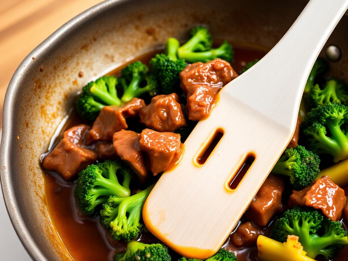 Beef and Broccoli served on a white plate, photographed from above