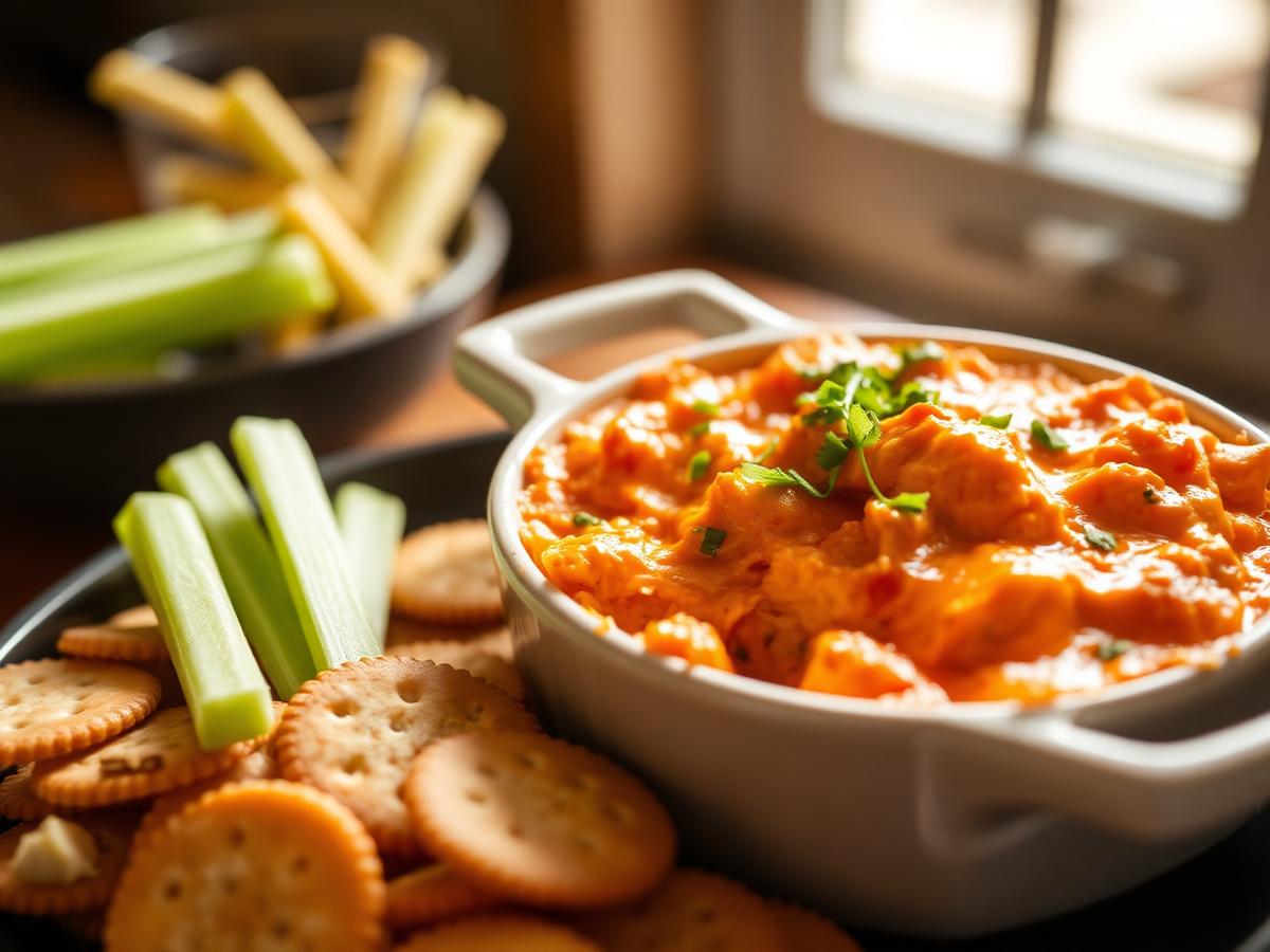 Lightened Buffalo Chicken Dip served on a white plate, photographed from above