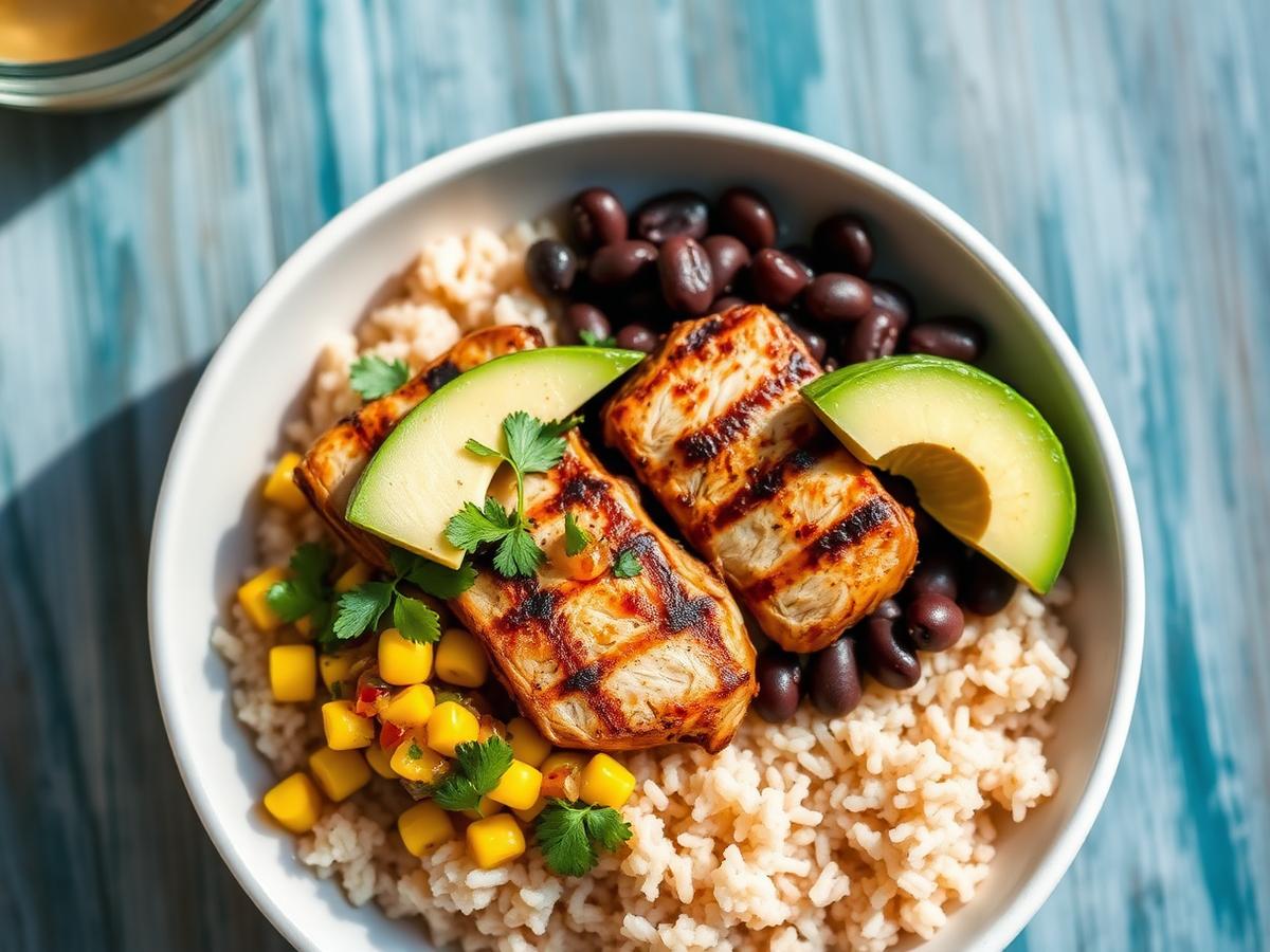 Chicken Burrito Bowls served on a white plate, photographed from above