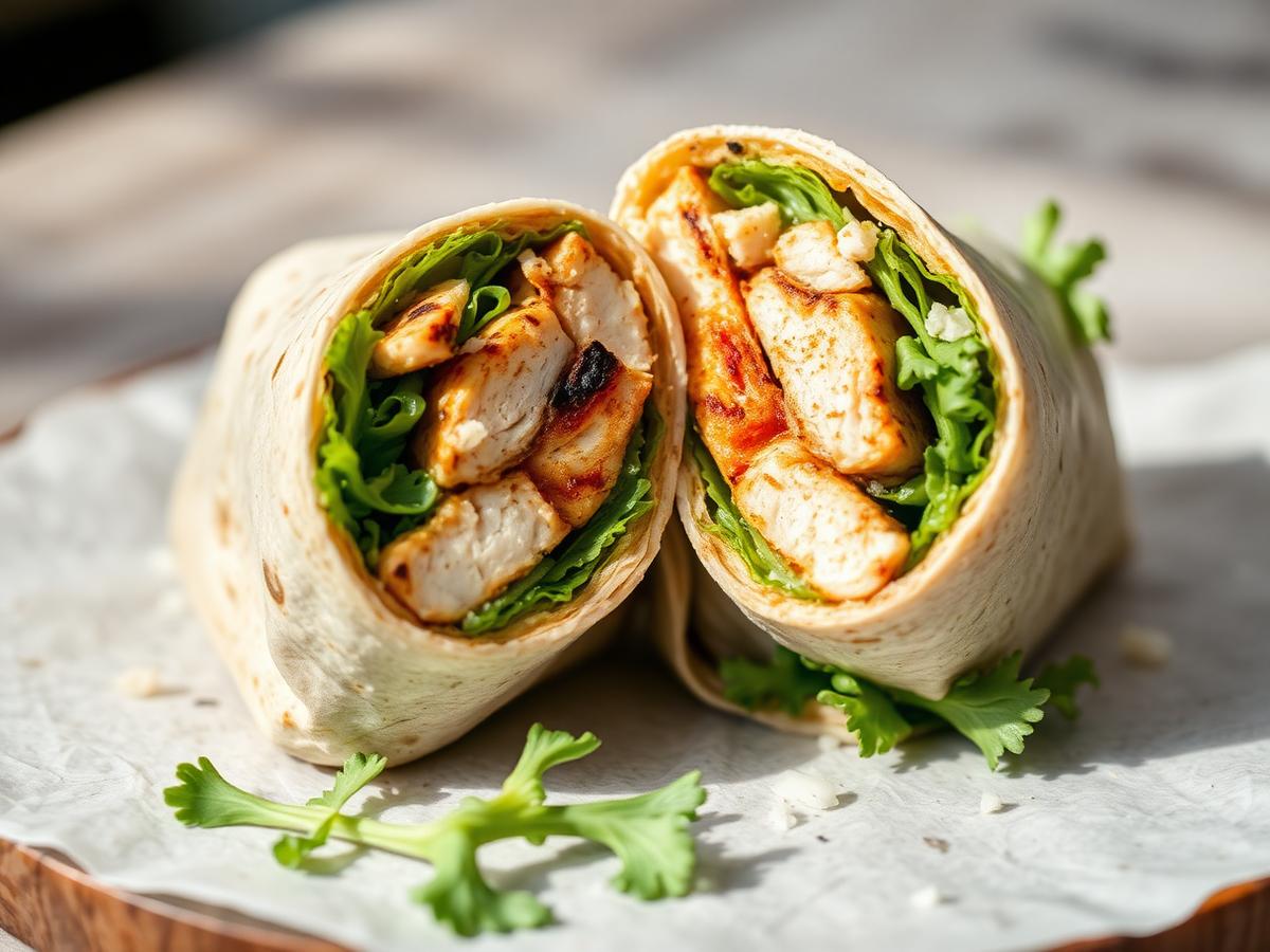 Chicken Caesar Wrap served on a white plate, photographed from above