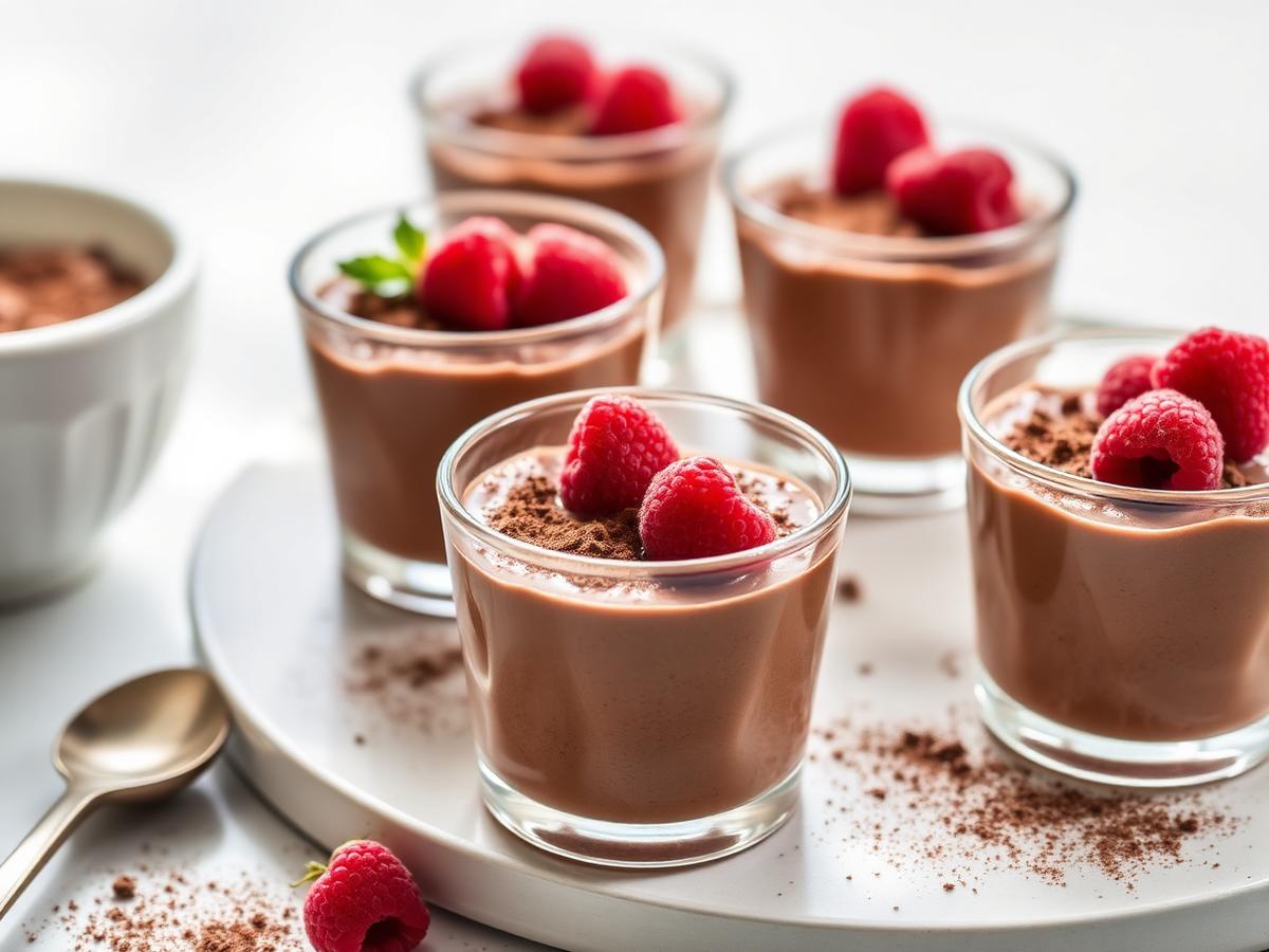 Chocolate Protein Mousse served on a white plate, photographed from above