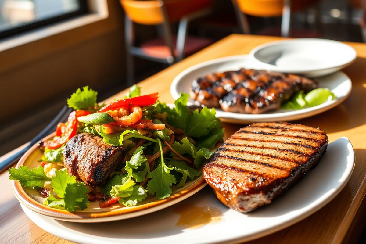 Grilled steak and chicken salad plates on a sunny restaurant table