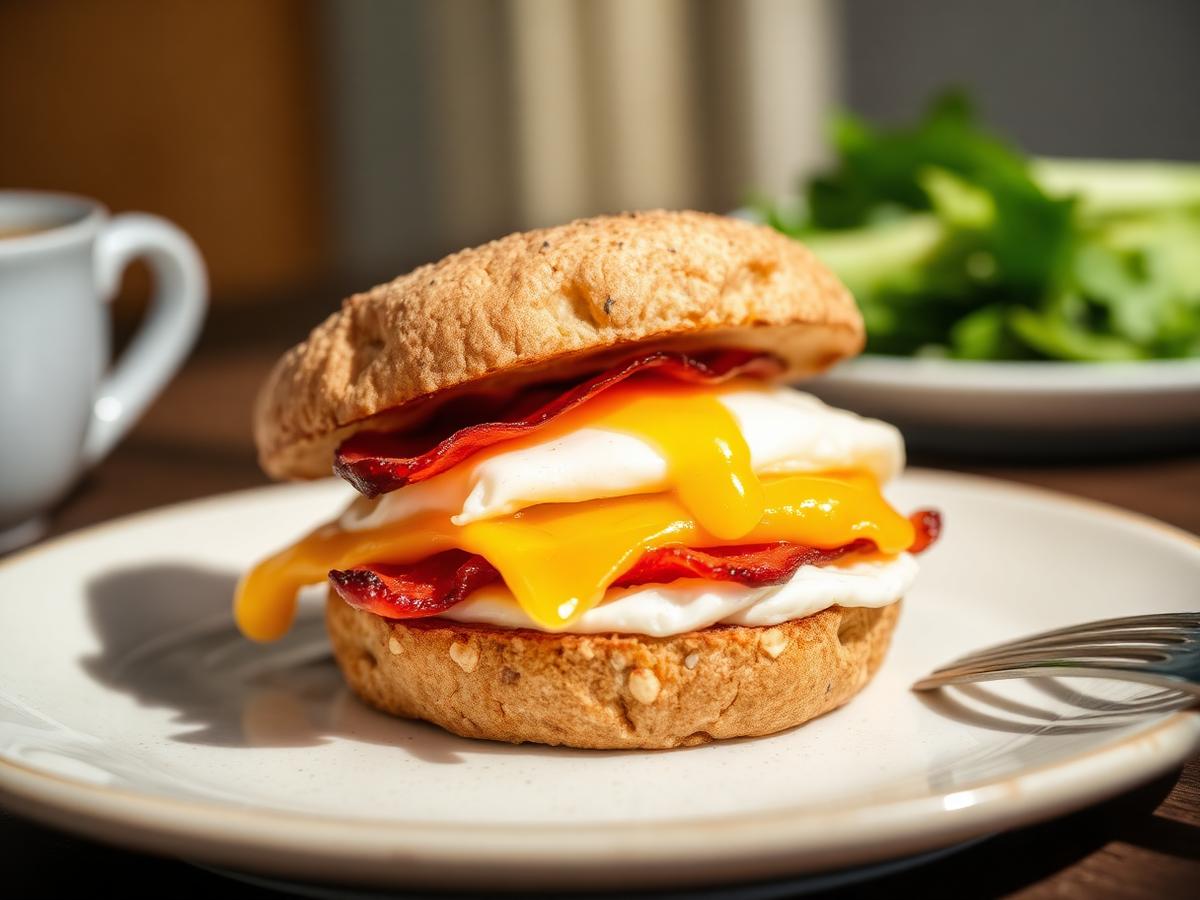Egg White Breakfast Sandwich served on a white plate, photographed from above