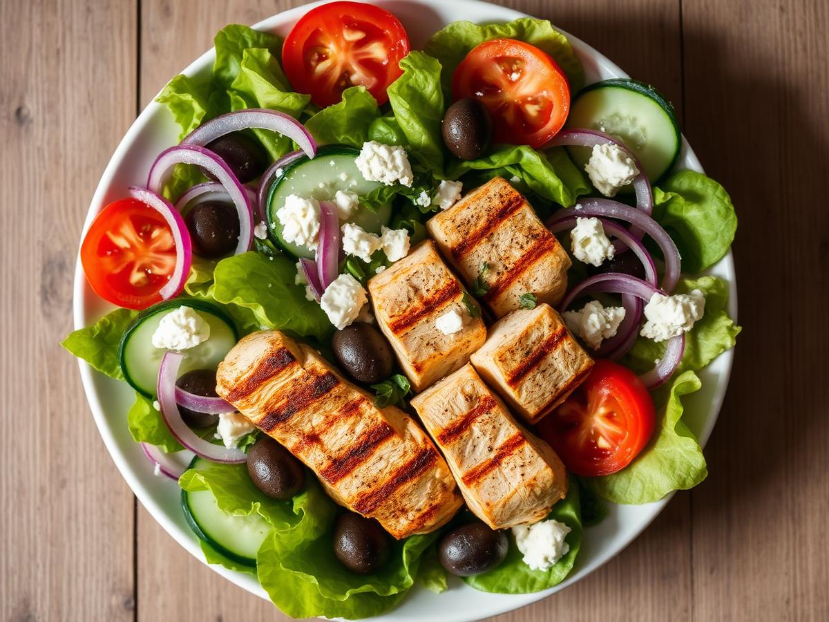 Greek Chicken Salad served on a white plate, photographed from above