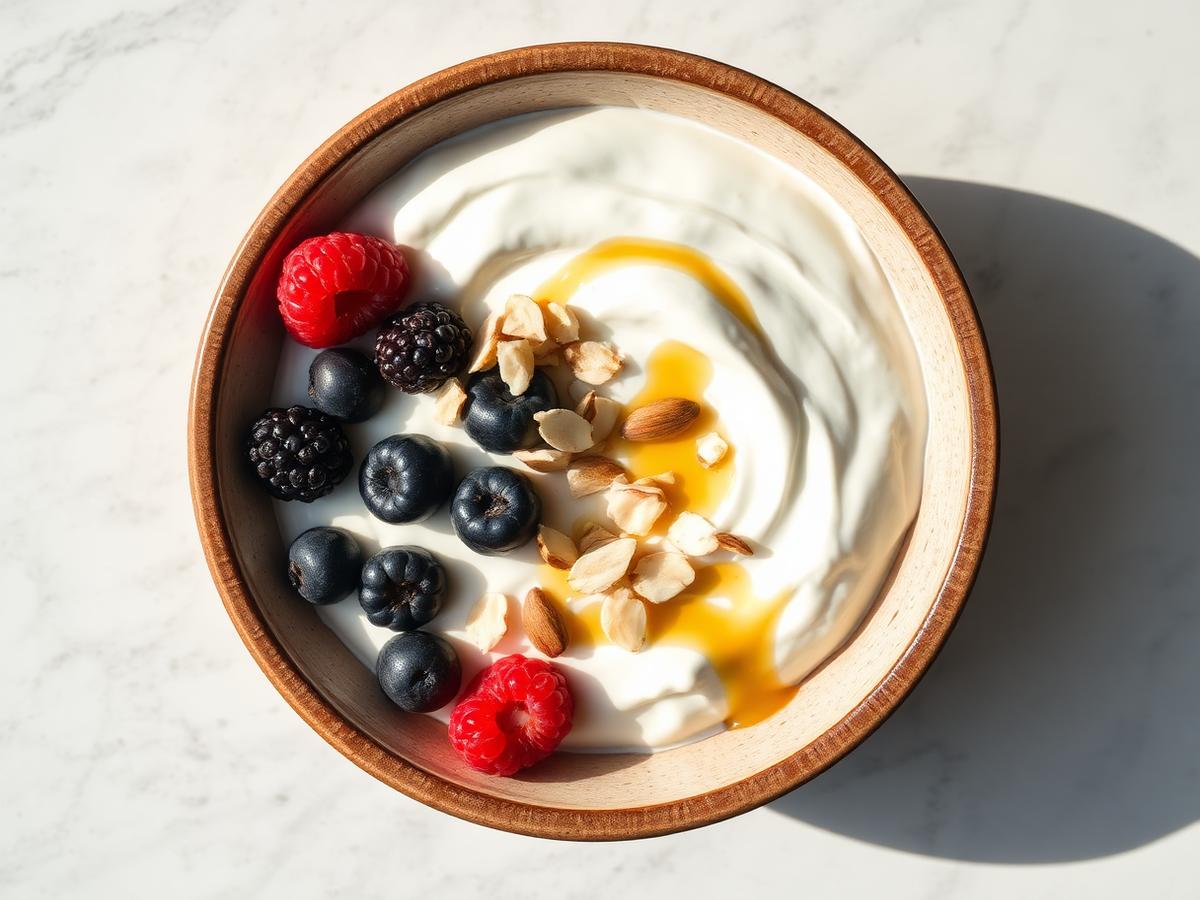 Greek Yogurt Protein Bowl served on a white plate, photographed from above