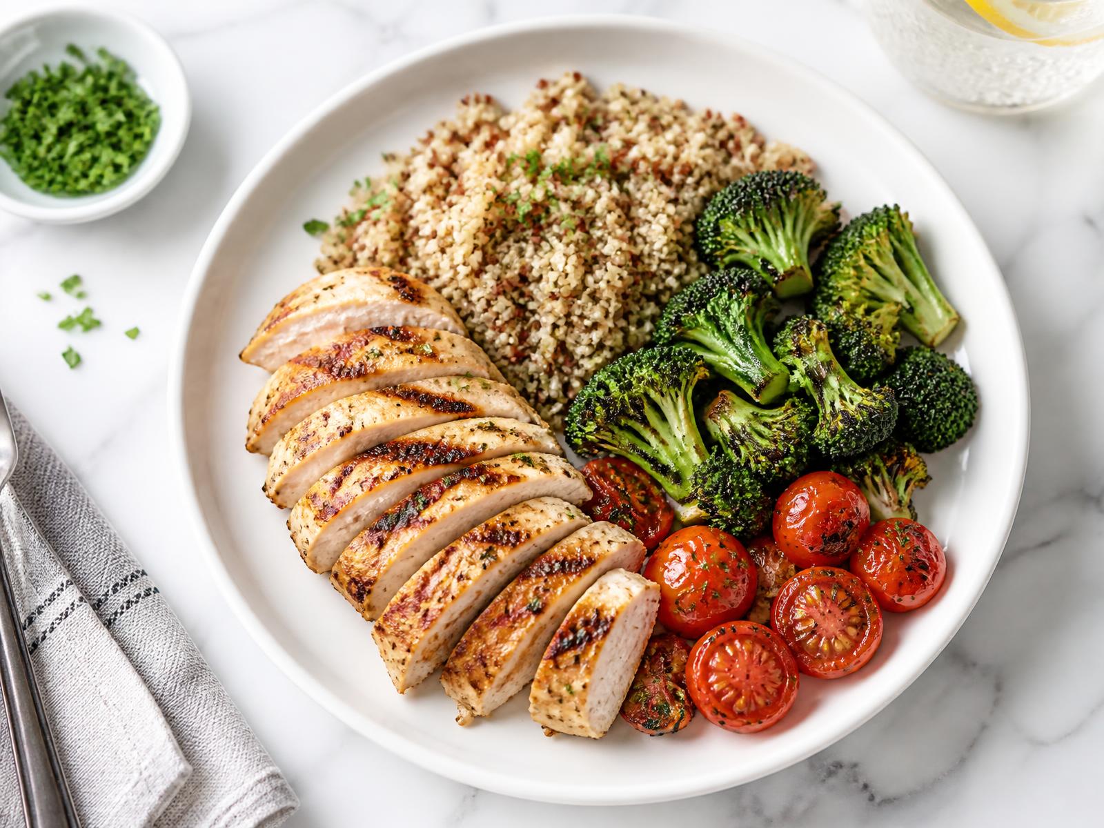 Grilled chicken with quinoa, roasted broccoli and tomatoes on a white plate