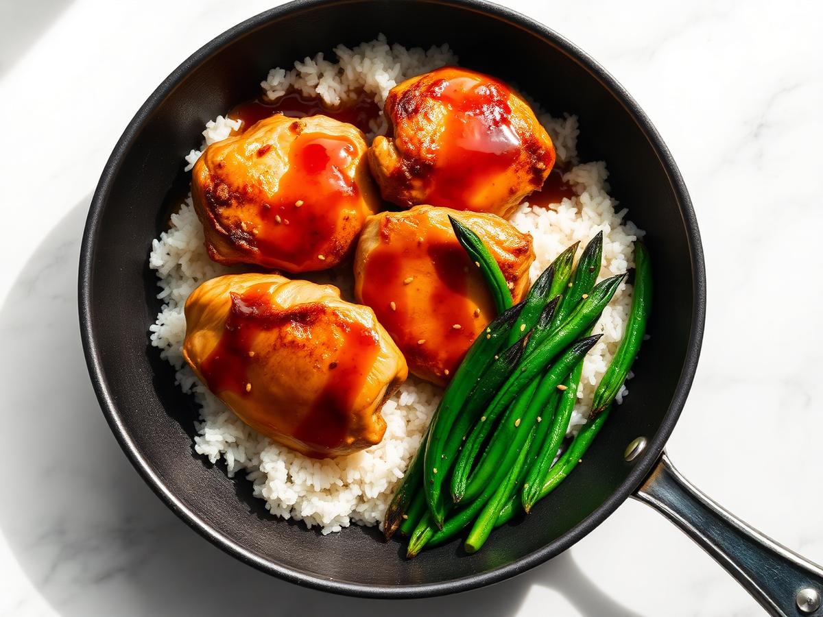 Honey Garlic Chicken Skillet served on a white plate, photographed from above