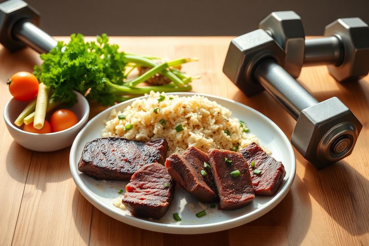 Plate of sliced steak and rice beside dumbbells on a wooden table