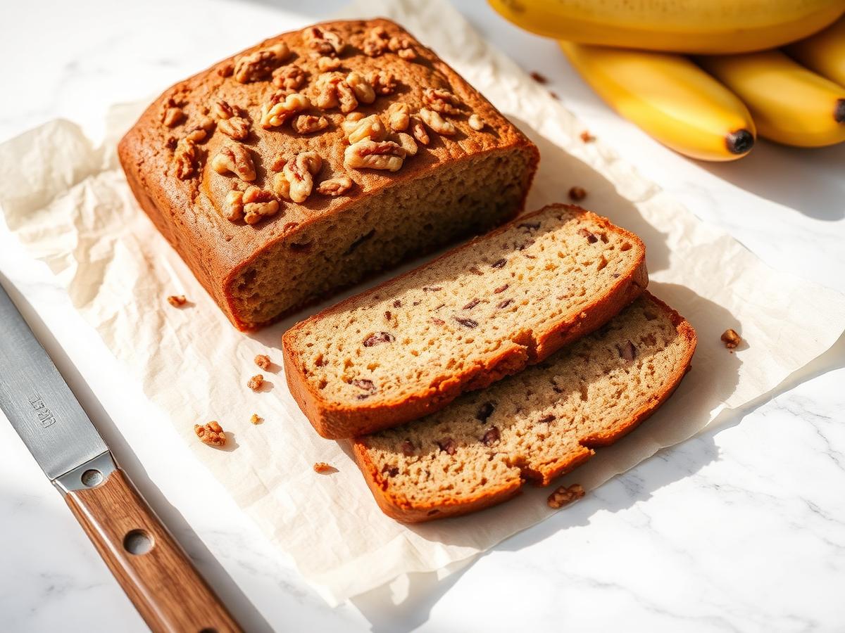 High Protein Banana Bread served on a white plate, photographed from above