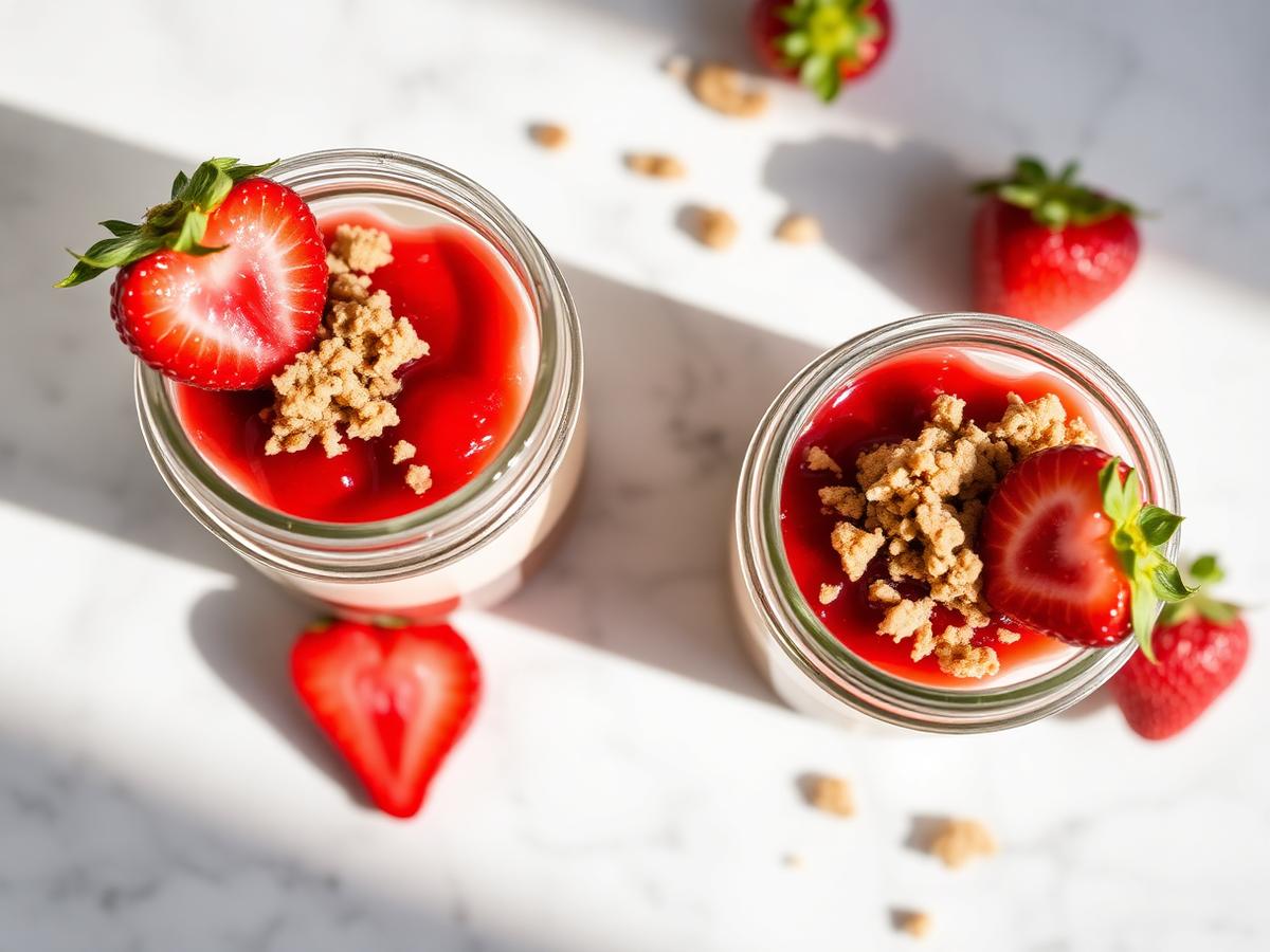Strawberry Protein Cheesecake Cups served on a white plate, photographed from above