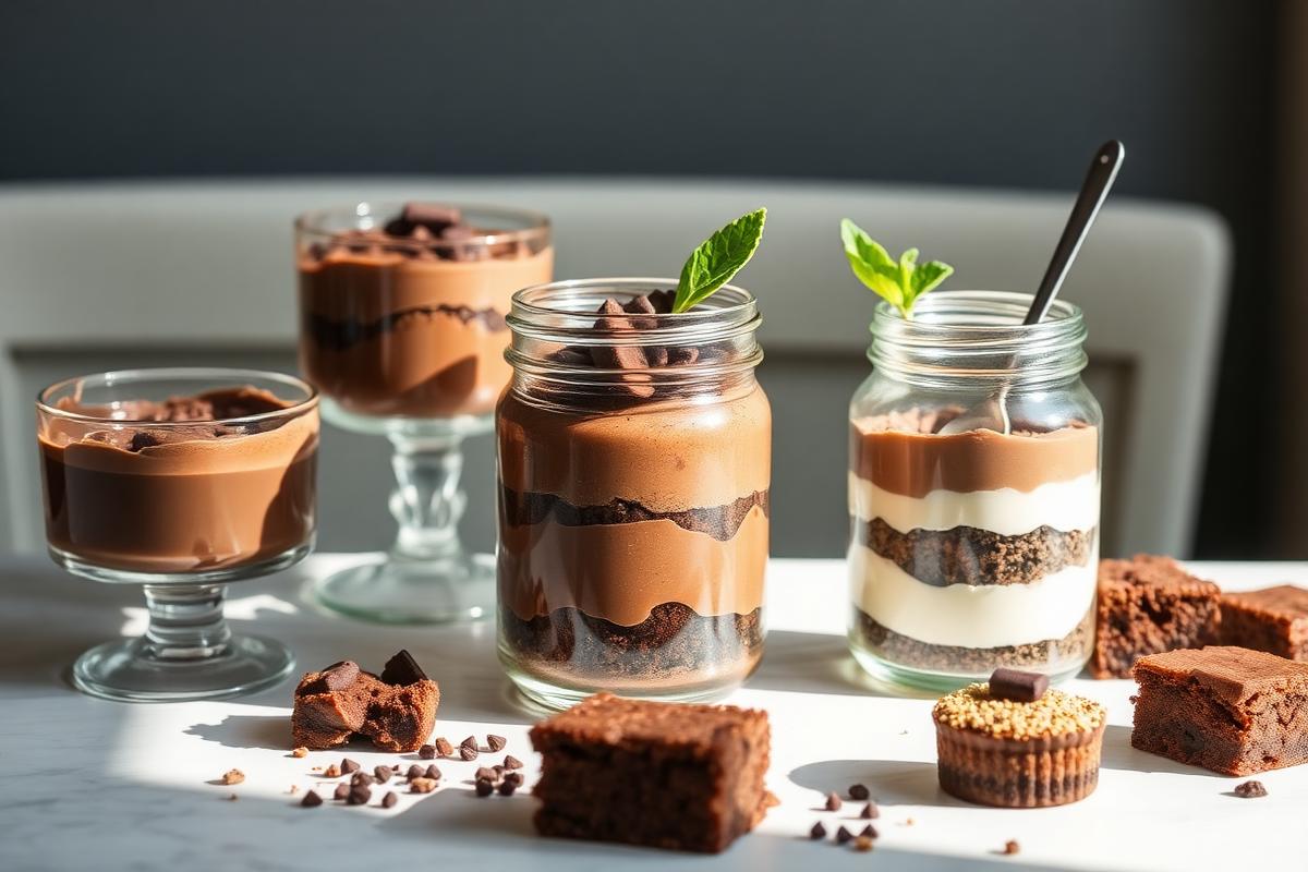 Chocolate protein mousse jars and brownie bites on a bright table