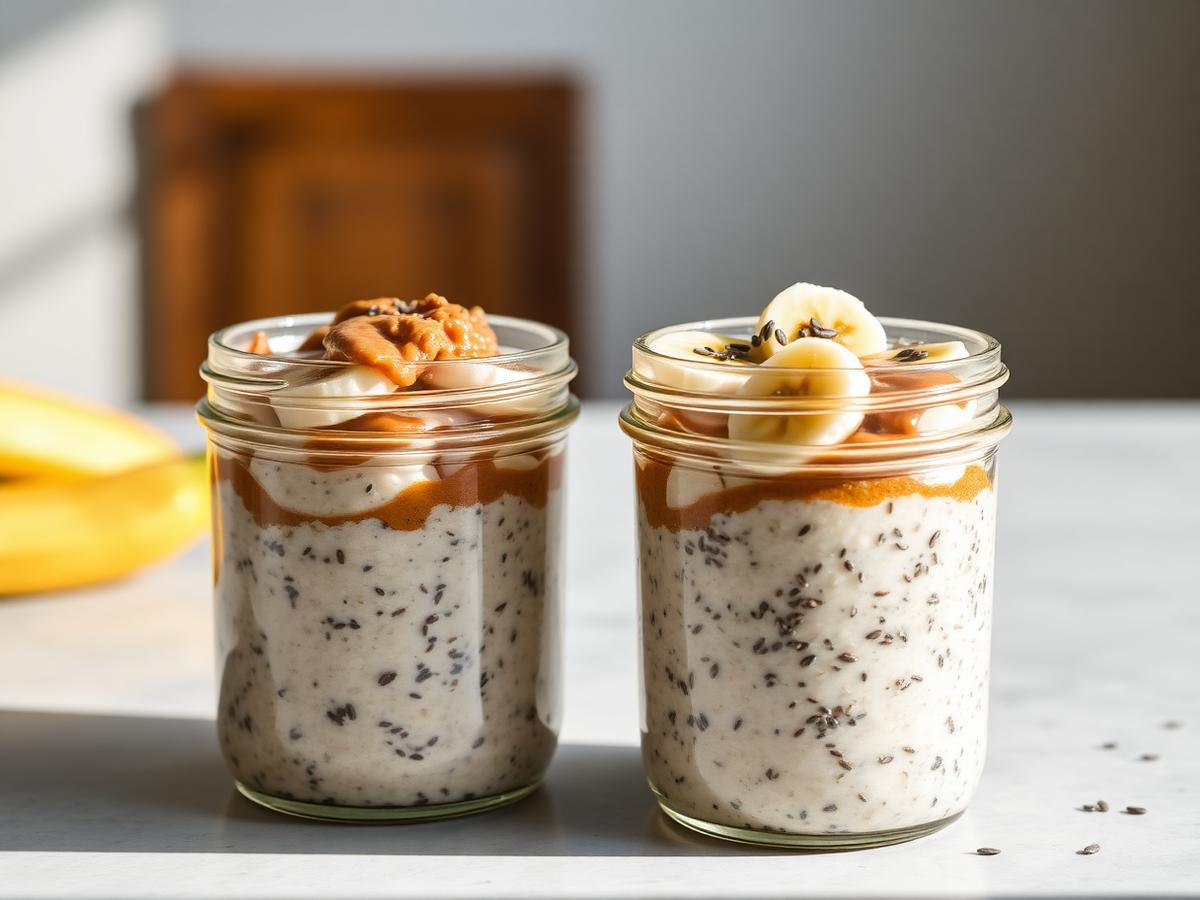 Protein Overnight Oats served on a white plate, photographed from above