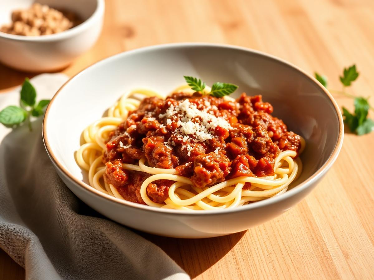 Protein Pasta Bolognese served on a white plate, photographed from above