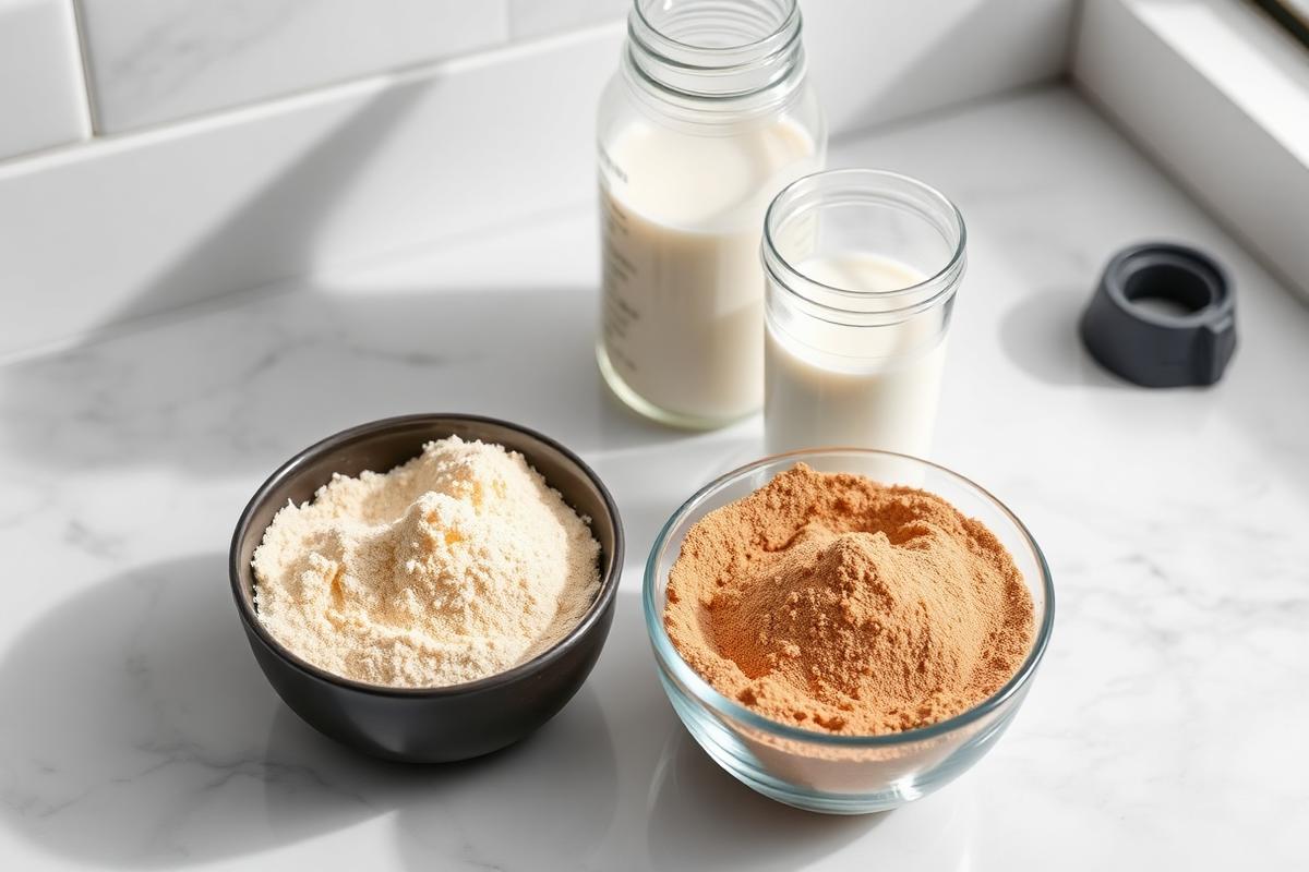 Bowls of whey and chocolate protein powder beside a shaker bottle on marble