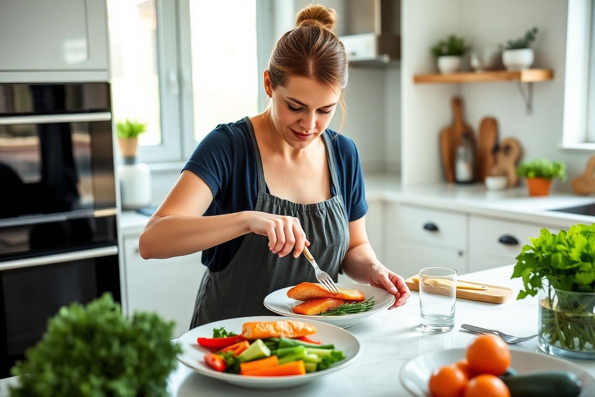Woman plating salmon and vegetables in a bright modern kitchen
