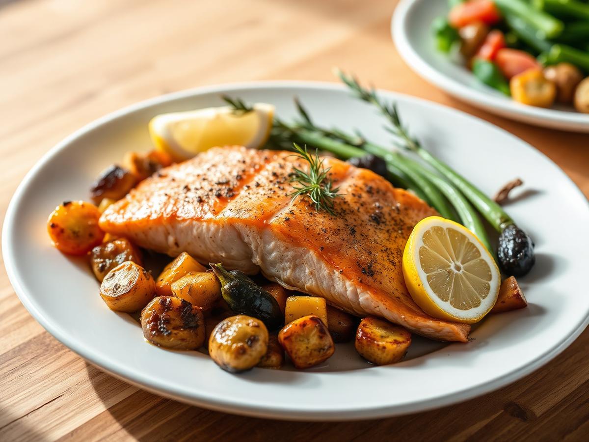 Sheet Pan Salmon with Vegetables served on a white plate, photographed from above