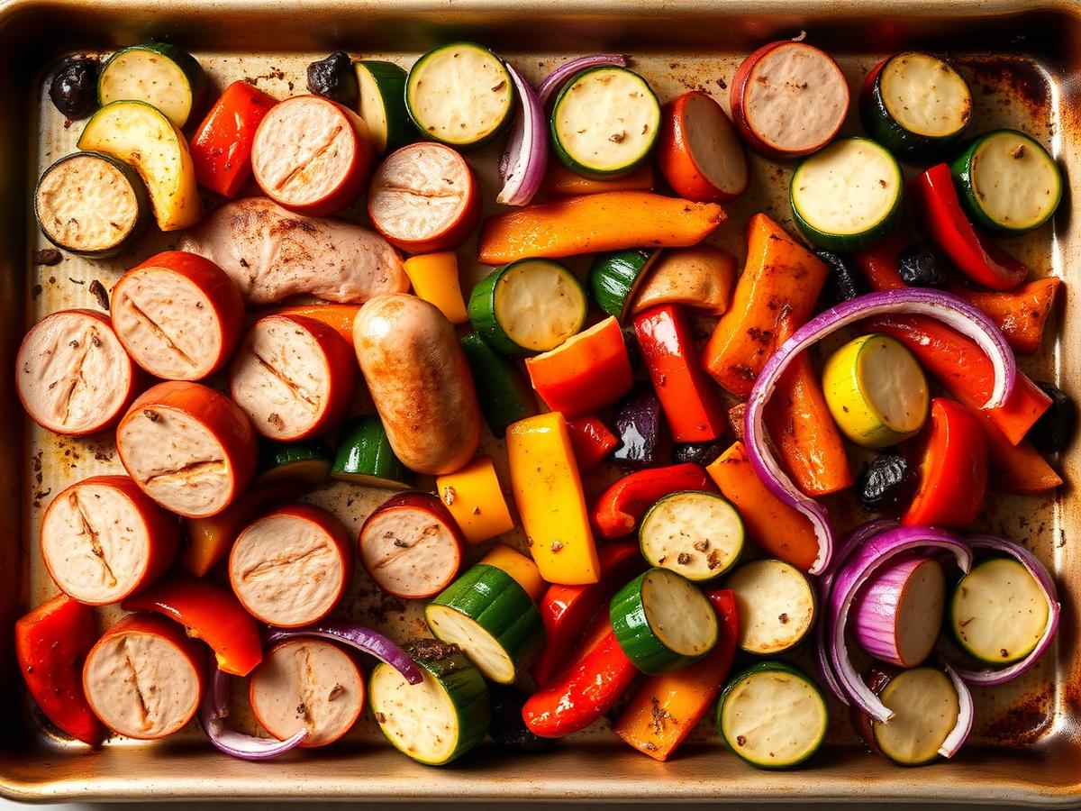 Sheet Pan Chicken Sausage and Veggies served on a white plate, photographed from above