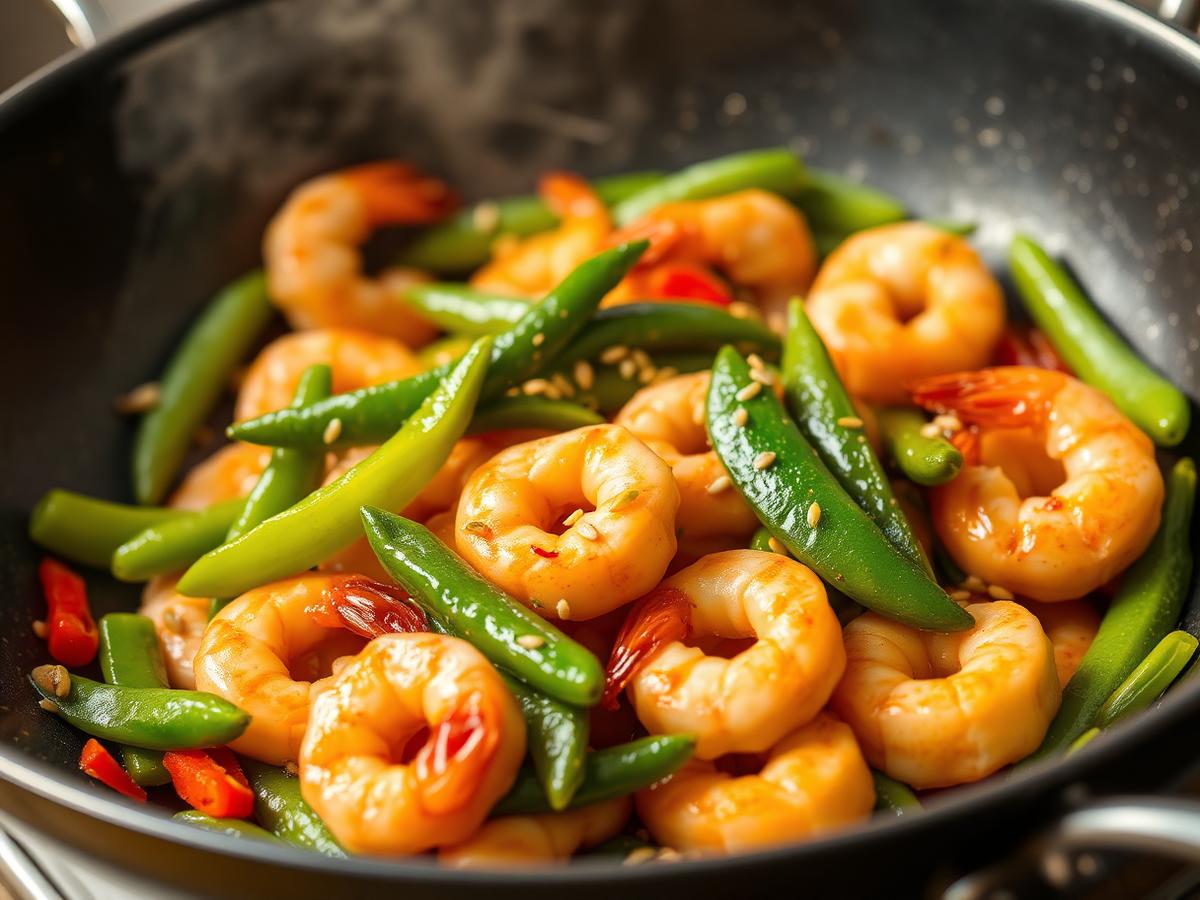 Garlic Shrimp Stir Fry served on a white plate, photographed from above