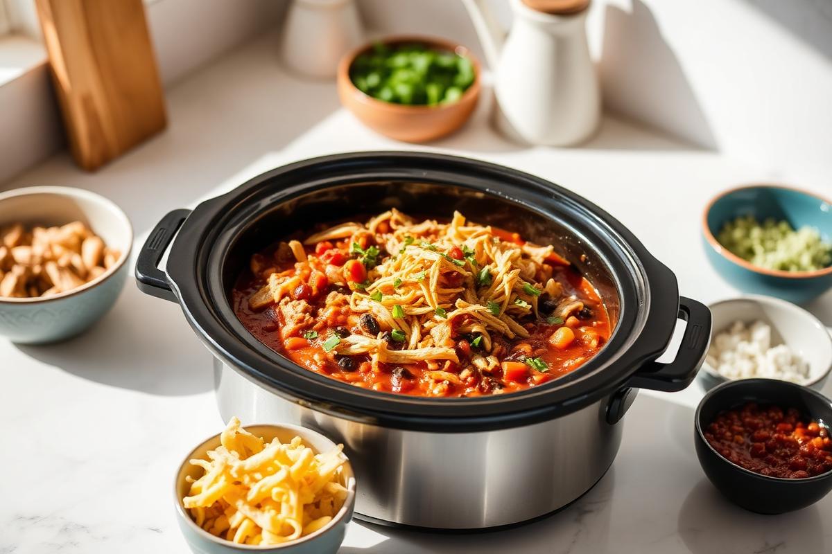 Slow cooker filled with shredded chicken chili surrounded by bowls of toppings