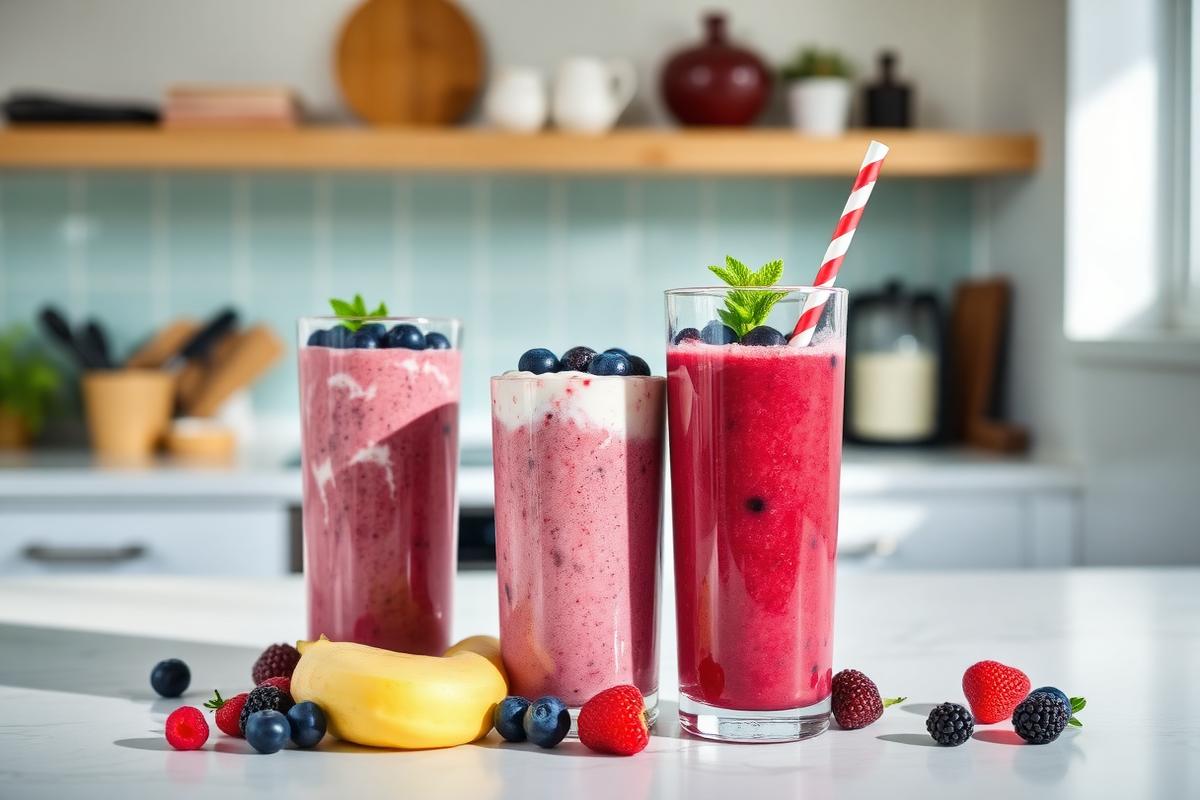 Three berry protein smoothies in tall glasses with fresh fruit on a counter
