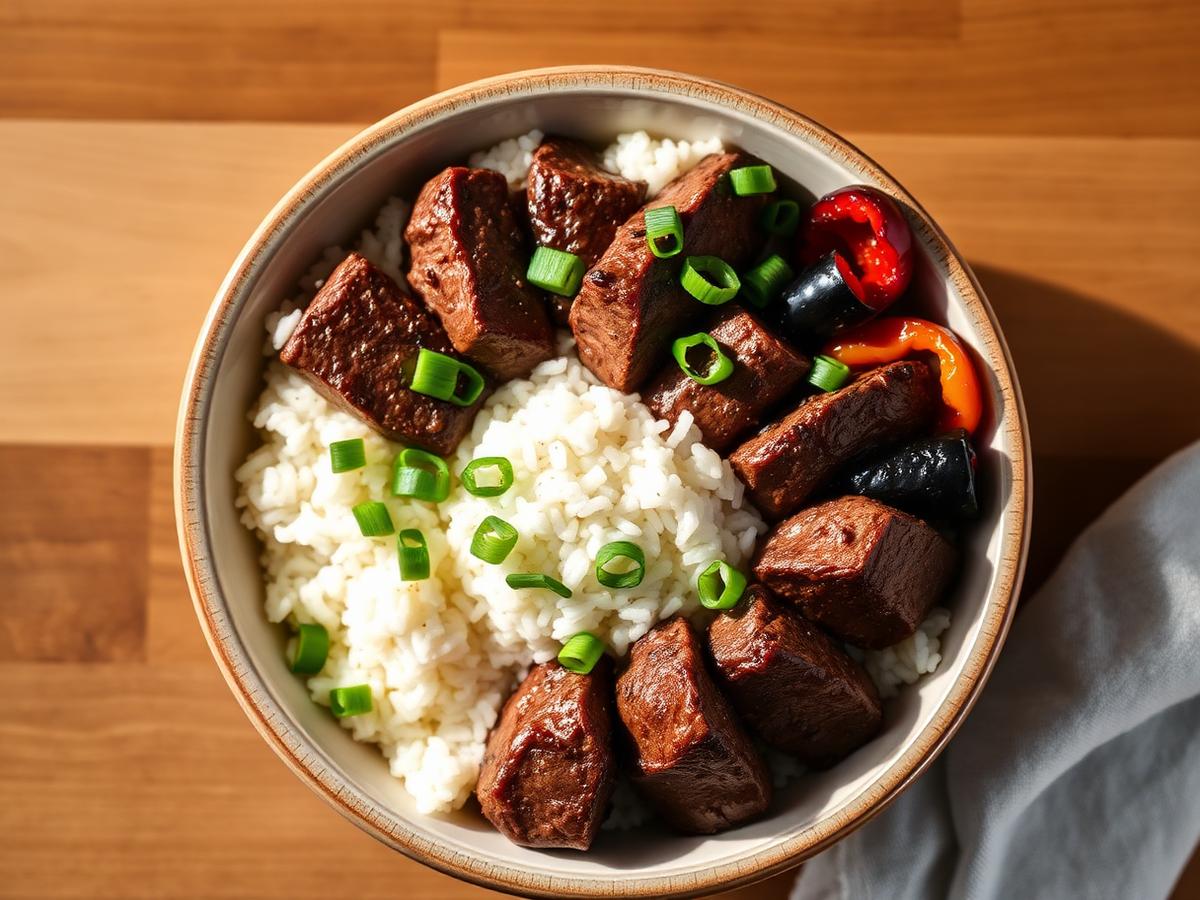 Steak Rice Bowls served on a white plate, photographed from above