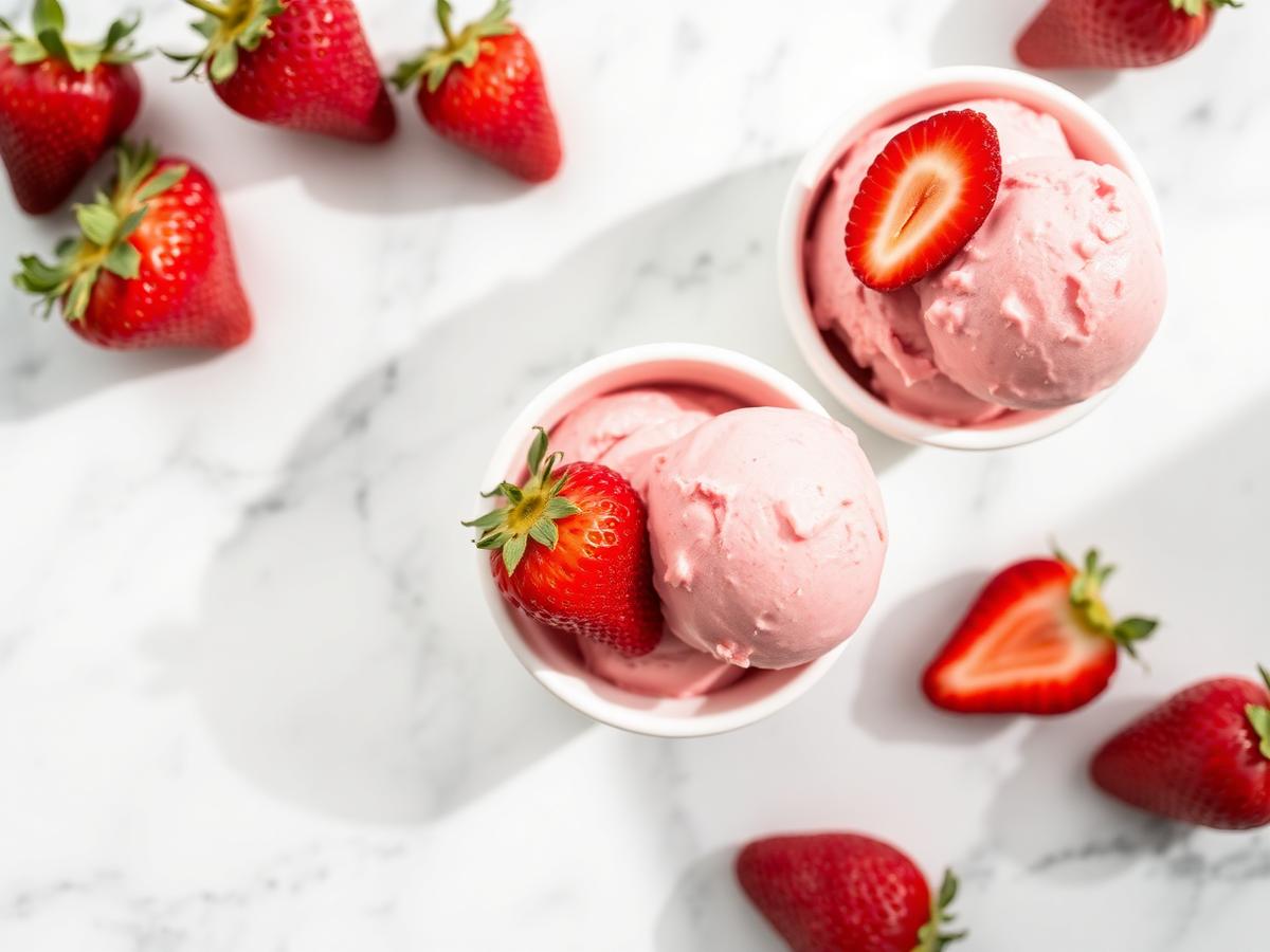 Strawberry Protein Frozen Yogurt served on a white plate, photographed from above