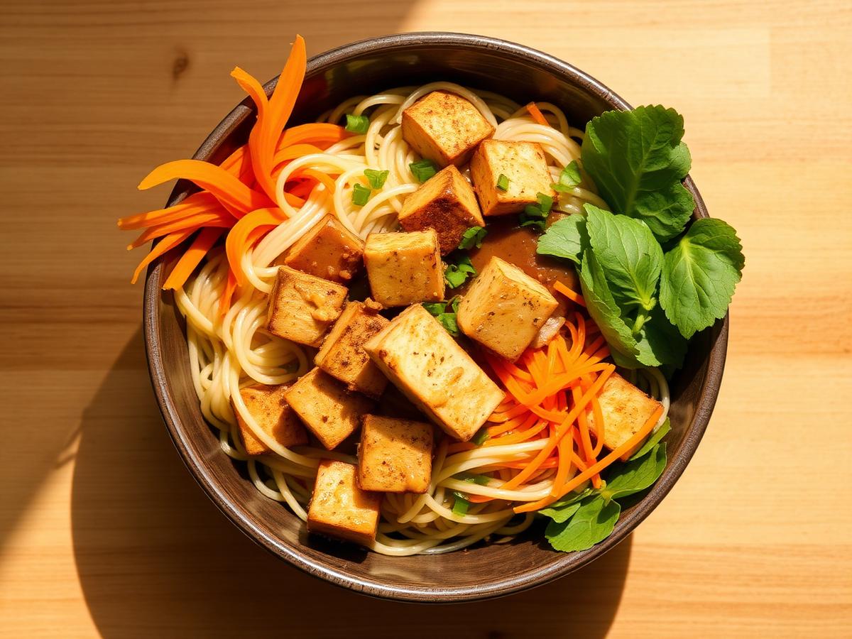 Crispy Tofu Peanut Noodle Bowl served on a white plate, photographed from above