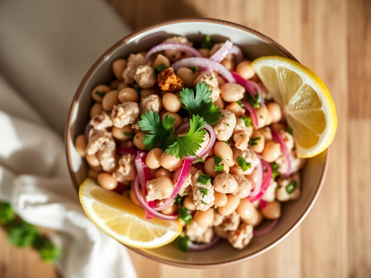 Tuna White Bean Salad served on a white plate, photographed from above