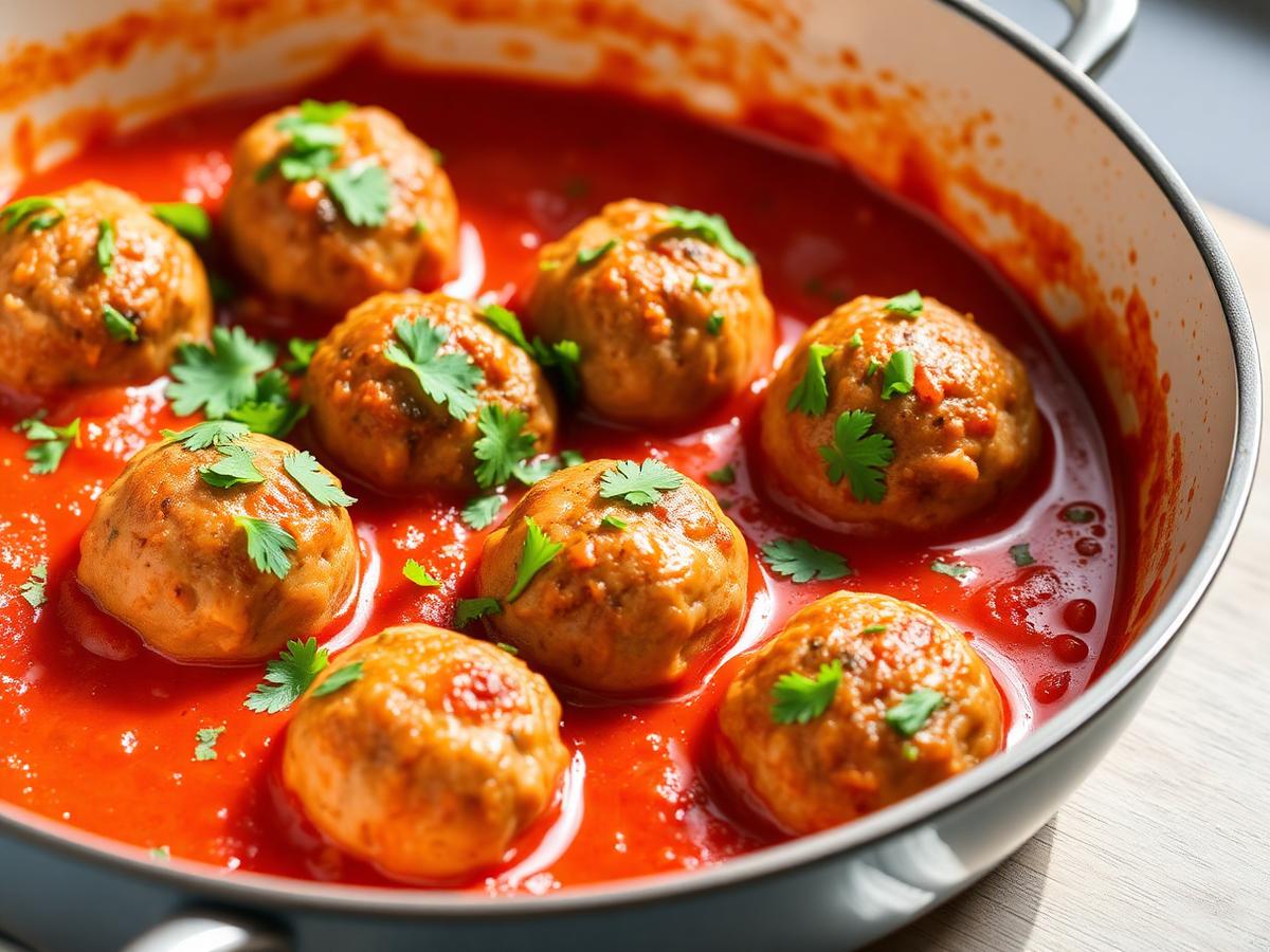 Baked Turkey Meatballs served on a white plate, photographed from above
