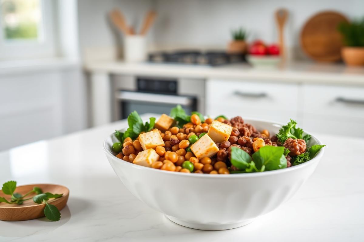 White bowl of tofu, lentils, chickpeas and greens on a bright kitchen counter