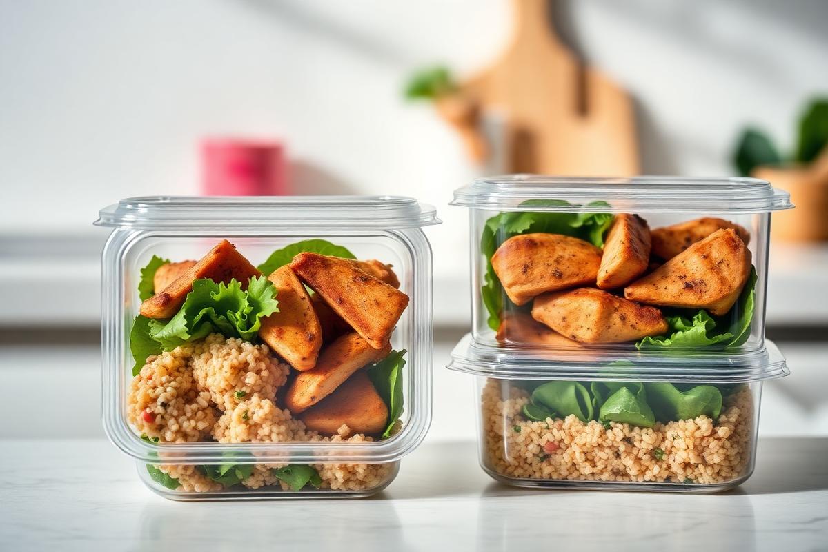 Two glass meal prep containers of chicken, quinoa and greens on a bright counter
